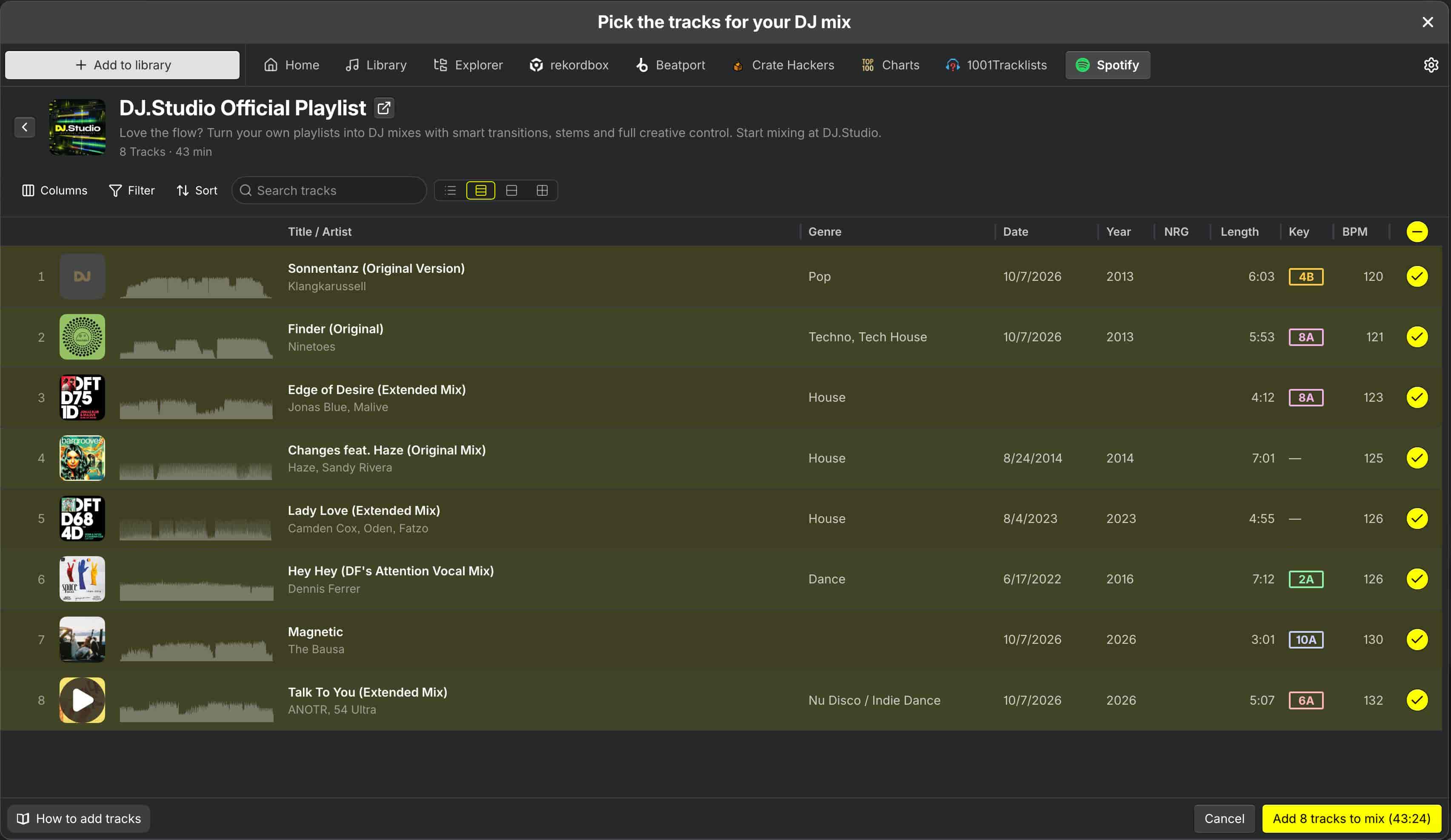 Spotify playlist tracks matched with Beatport or Beatsource in DJ.Studio