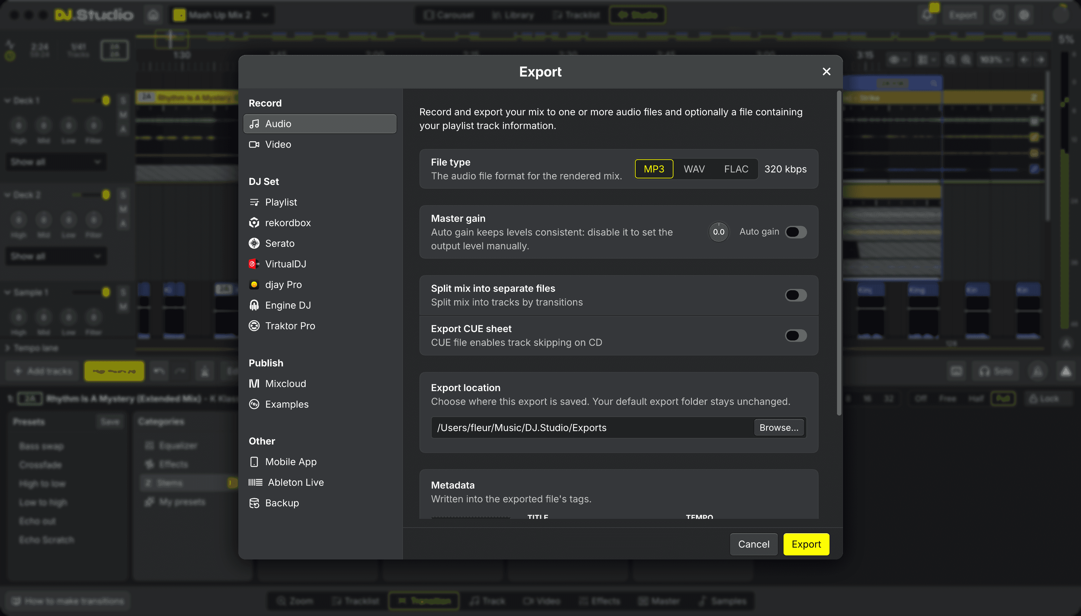 DJ.Studio export window with options for audio, video and DJ software playlists