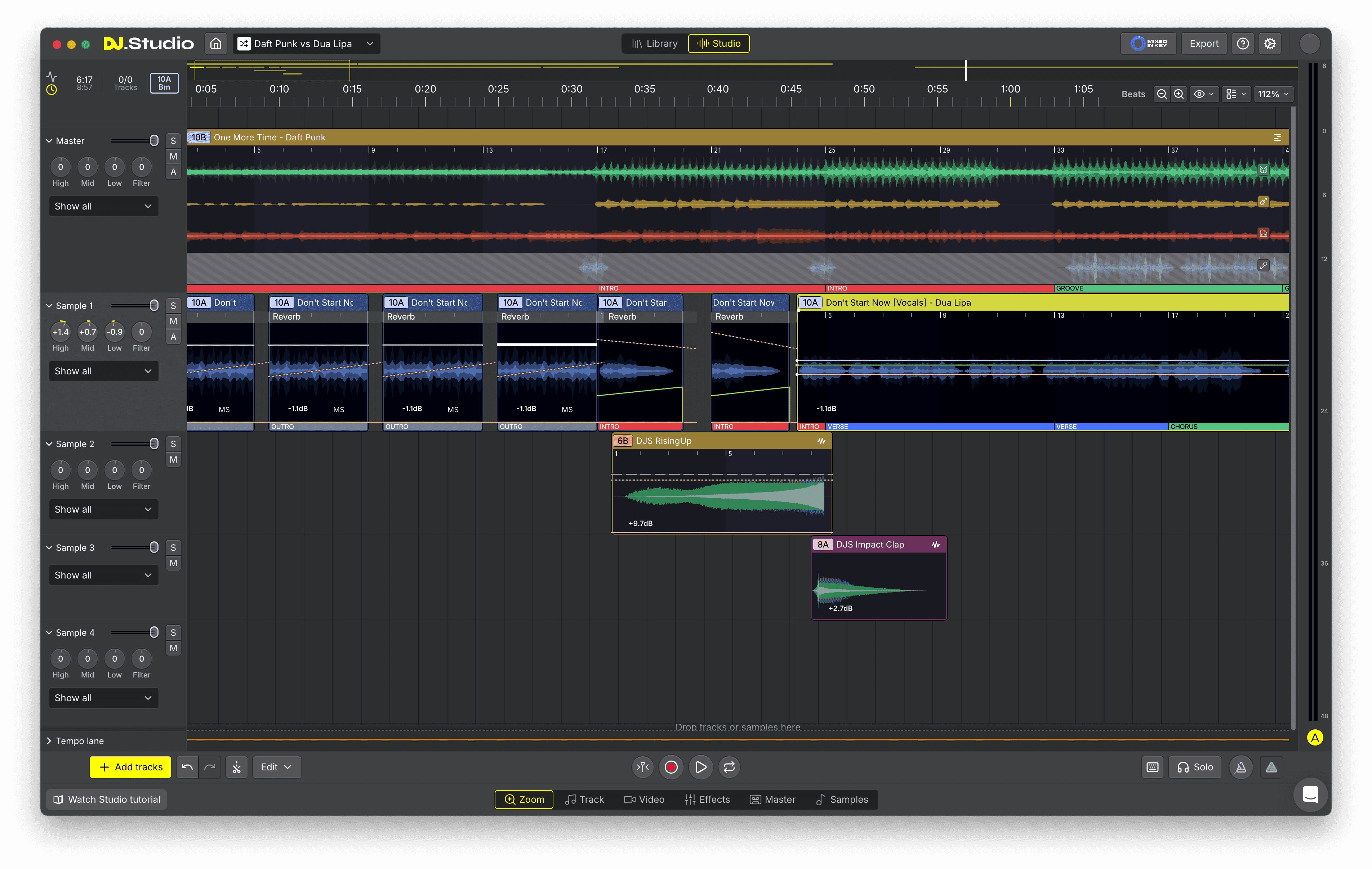 Mashup songs arranged on the DJ.Studio timeline with stems and sample lanes