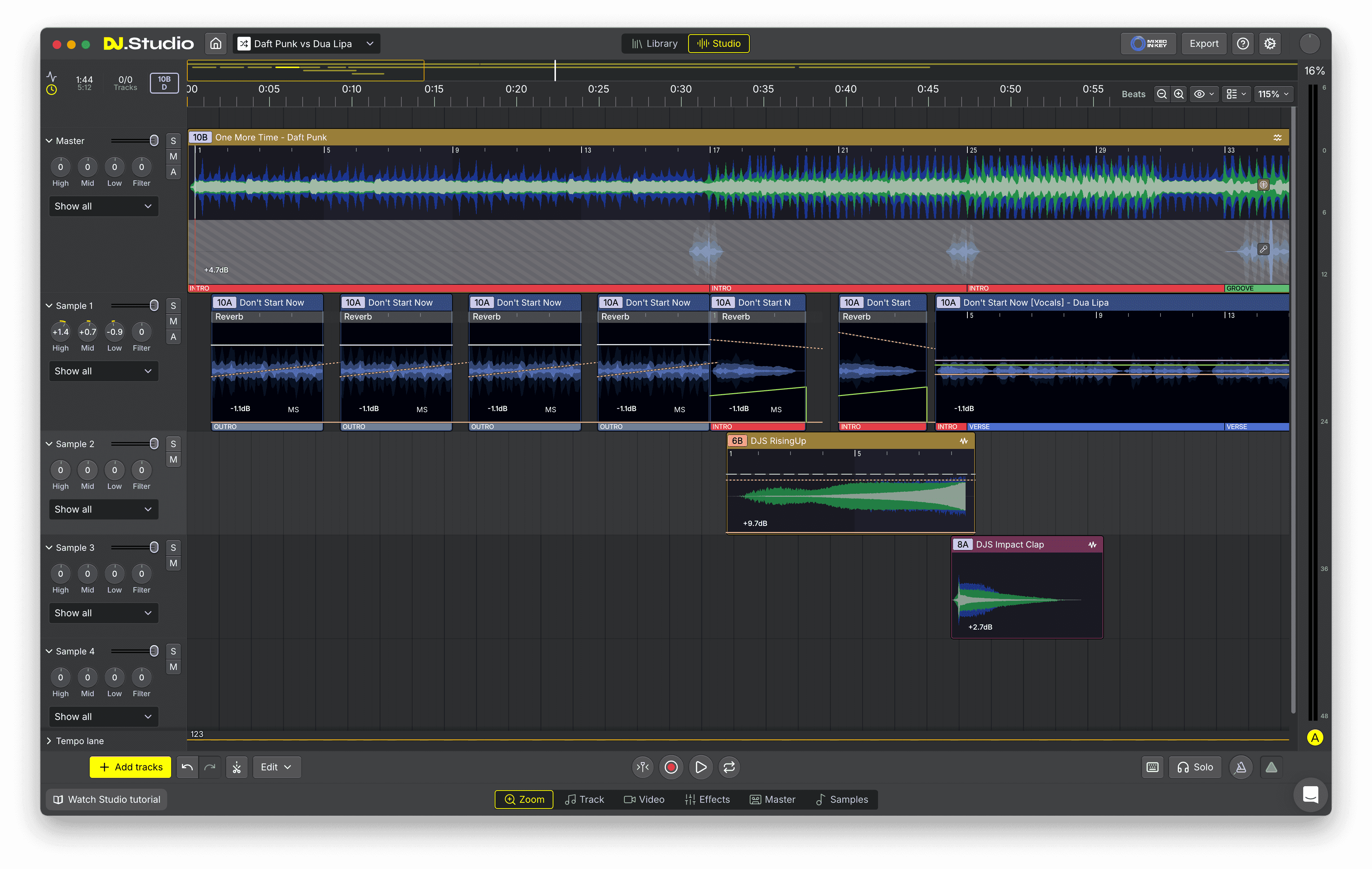 Vocal stem arranged over another track in a DJ.Studio Sample Lane