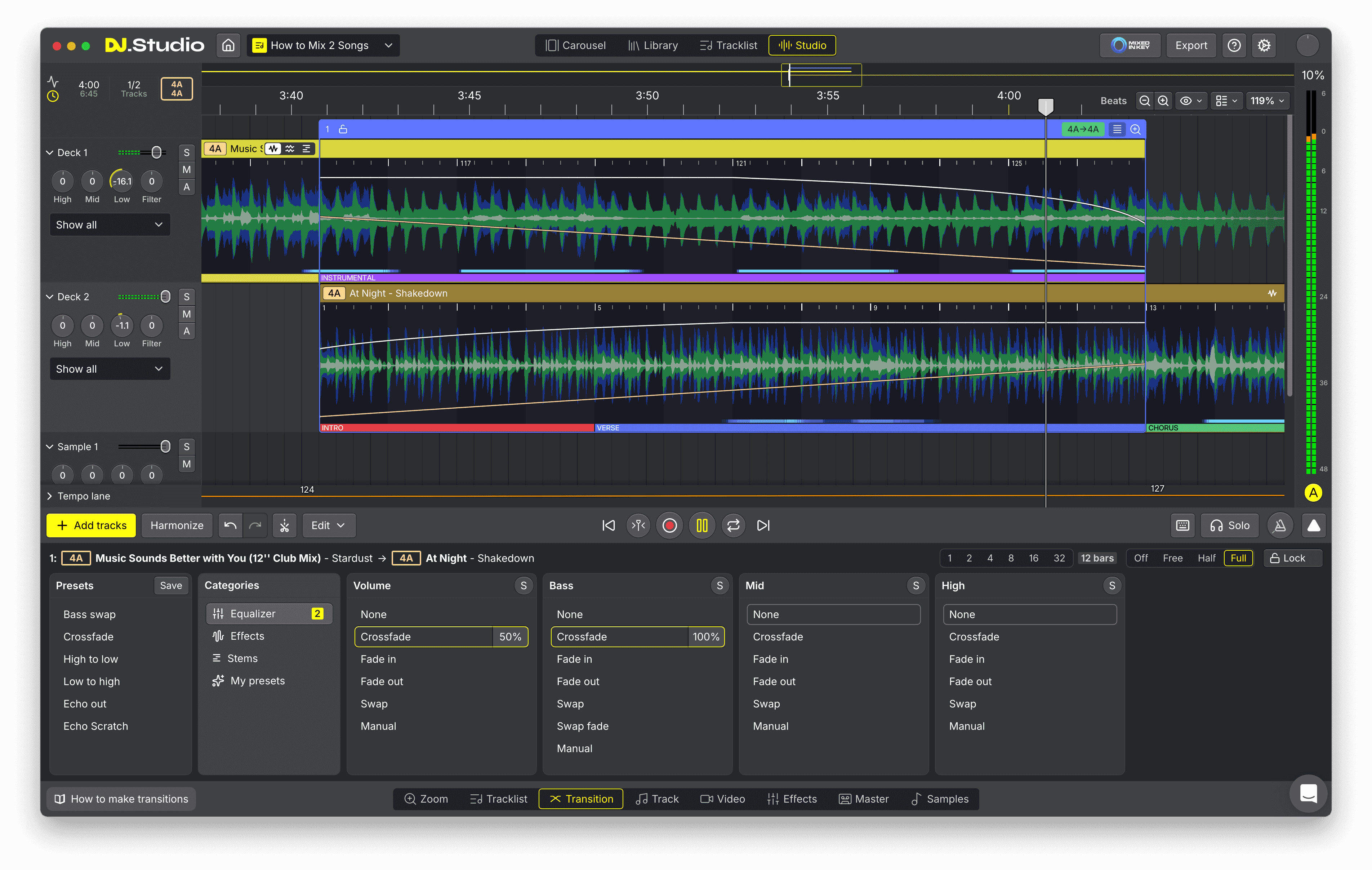 Crossfade between two songs using volume automation in the DJ.Studio Transition Editor