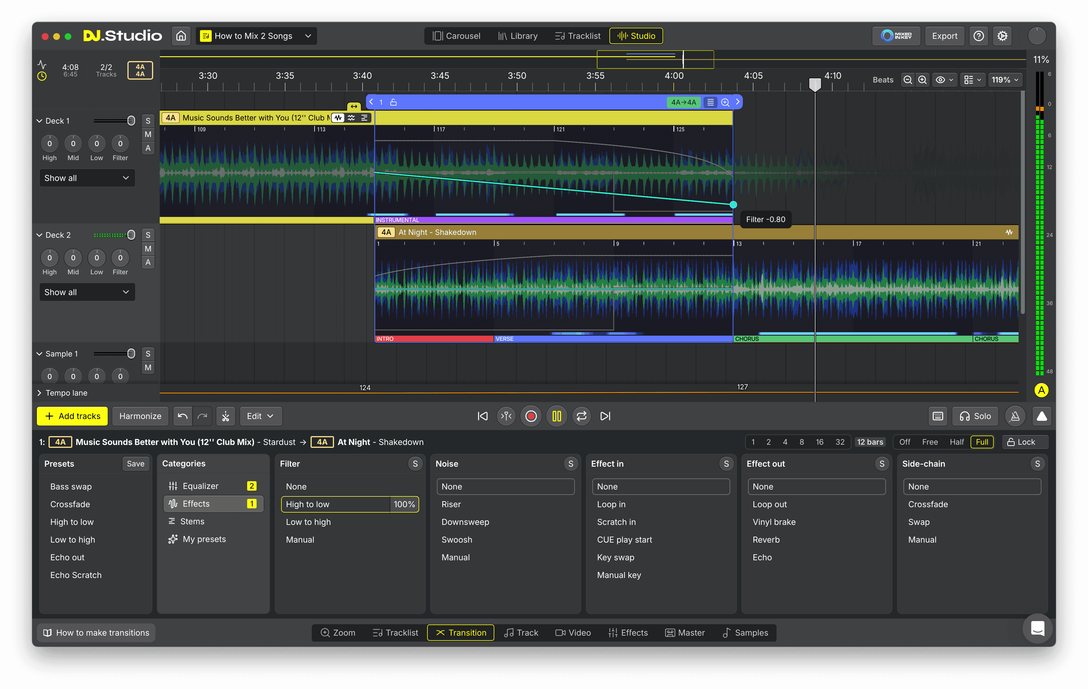 EQ and filter automation used to blend two songs in the DJ.Studio Transition Editor