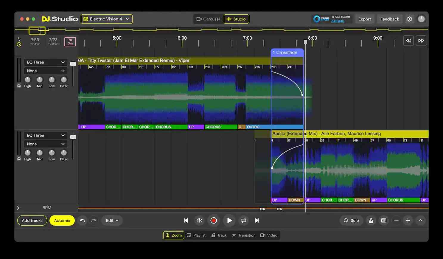 dj studio timeline transtiion