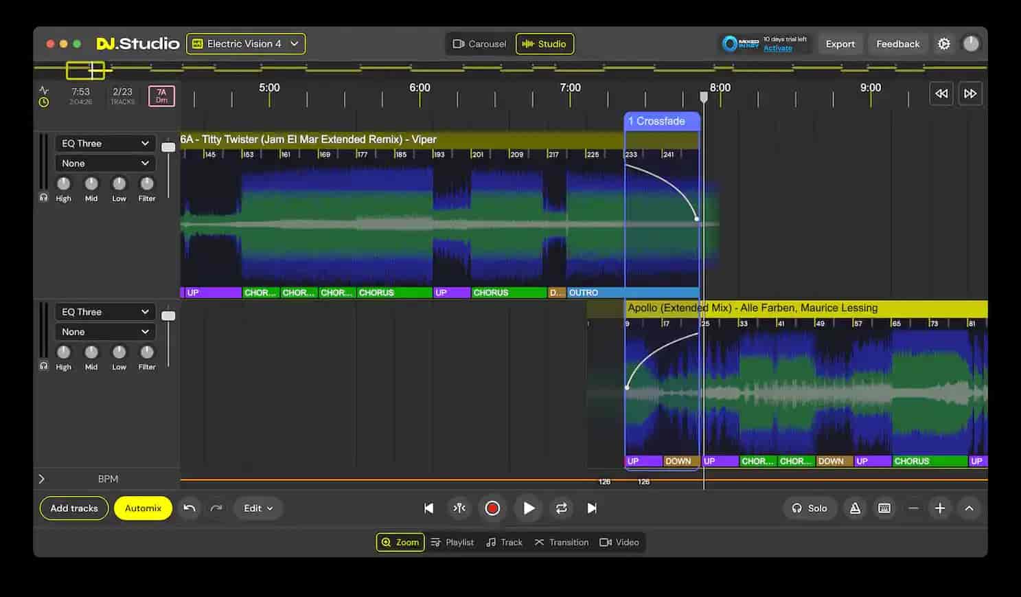 dj studio timeline transition