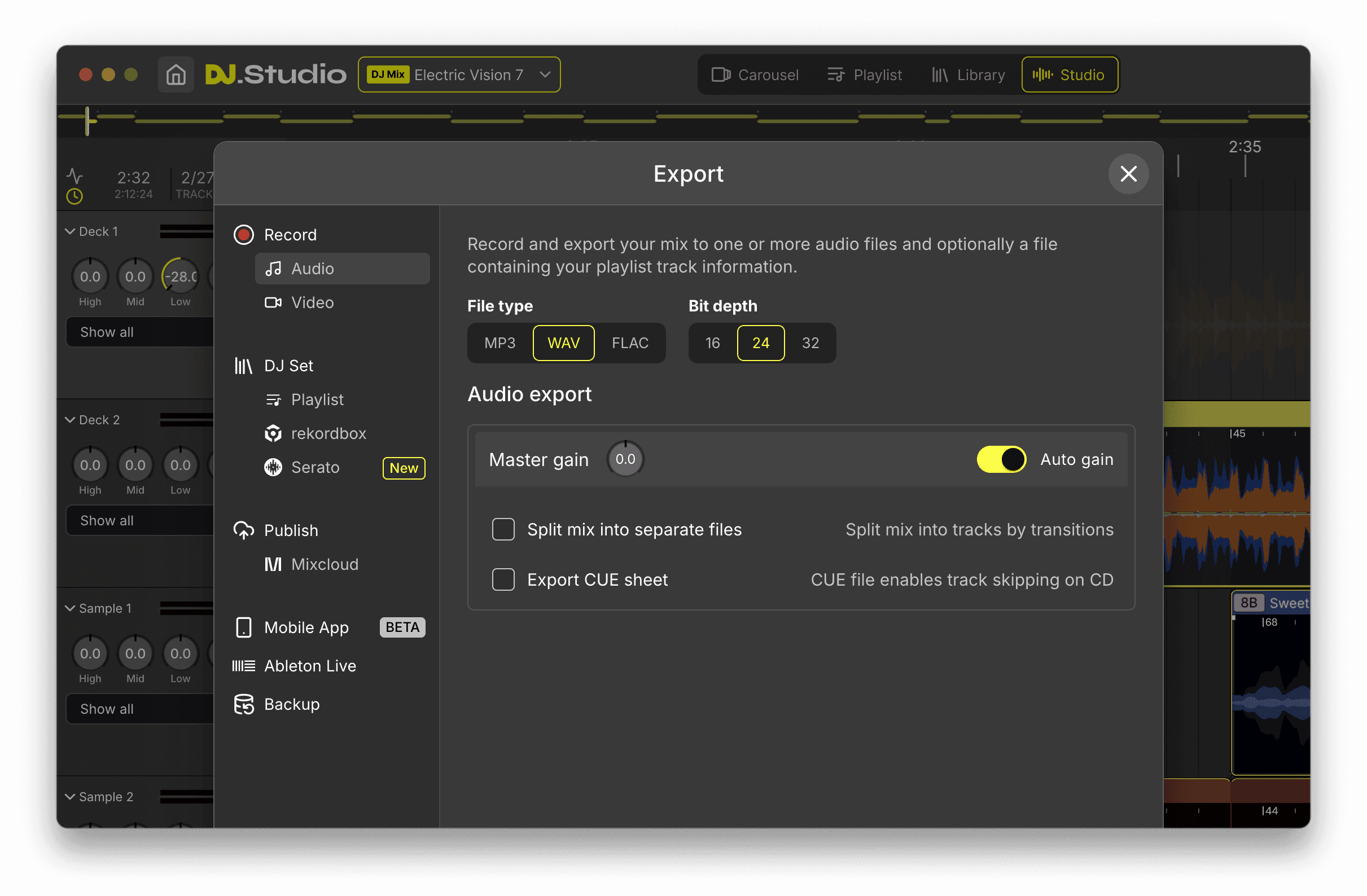 DJ.Studio Export panel showing audio export, video export, tracklist export and Mixcloud upload options.