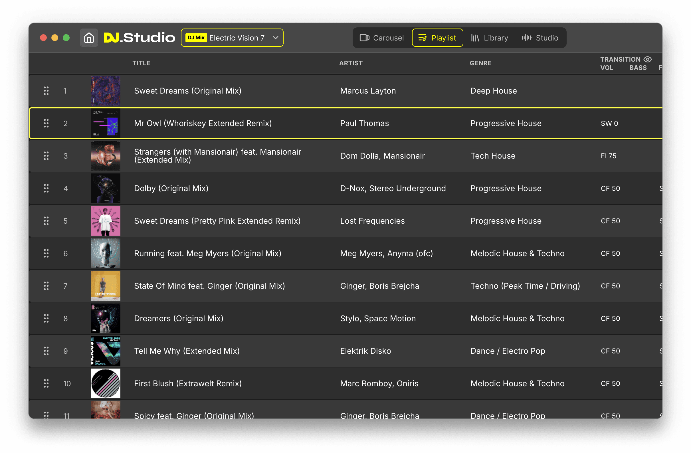 DJ.Studio library and playlist view showing imported hip-hop tracks with BPM and key metadata.
