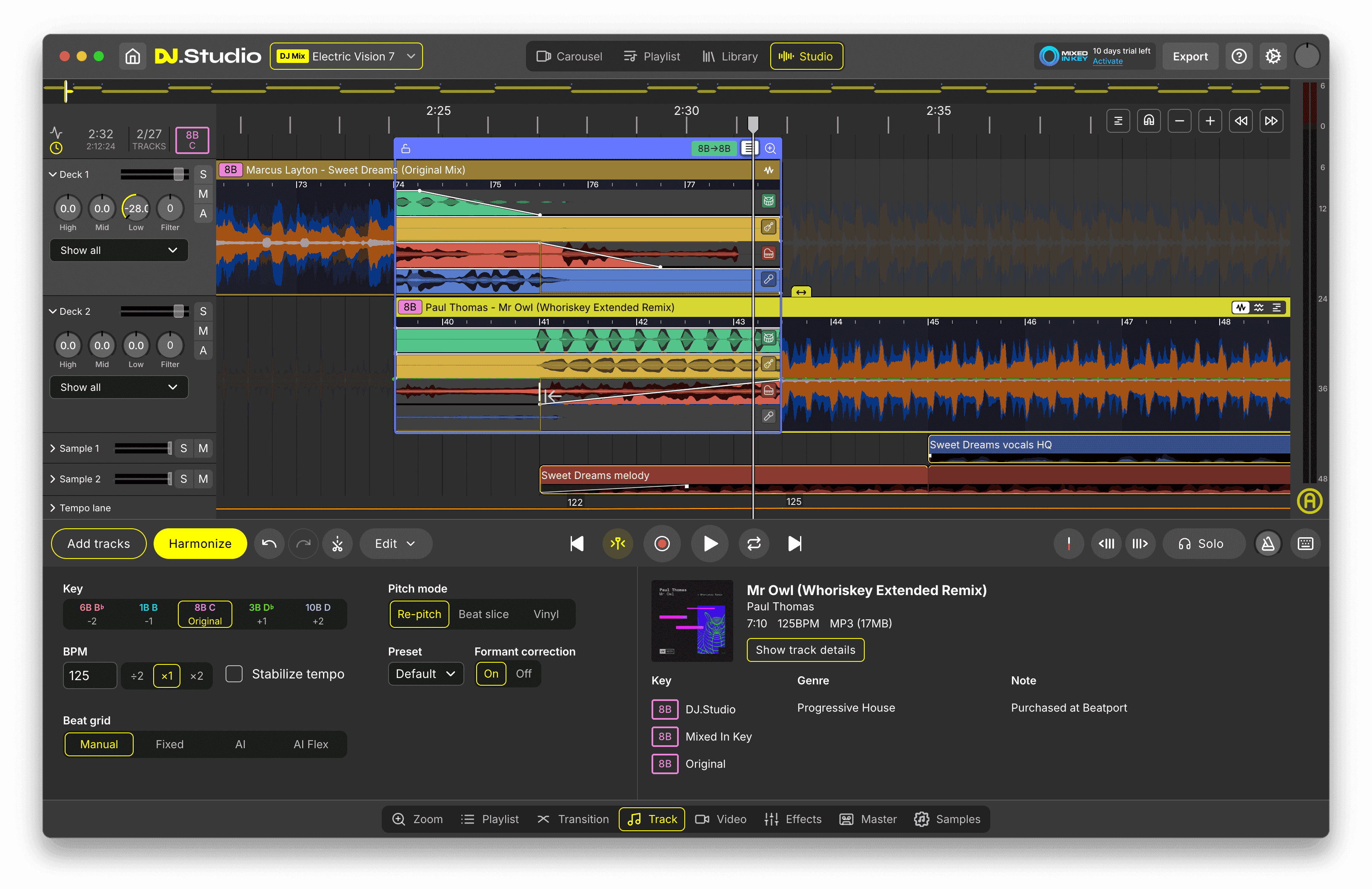 DJ.Studio Studio View showing a hip-hop DJ mix timeline with multiple tracks arranged, transition envelopes between them, and the track details panel with key, BPM and metadata.