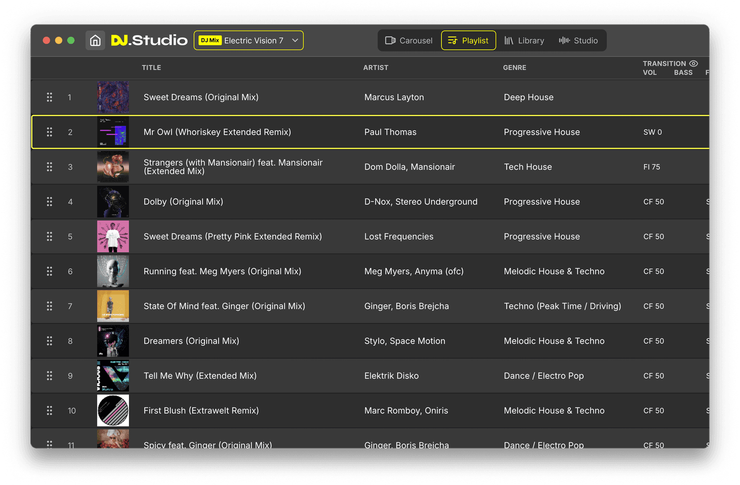 DJ.Studio Playlist View showing the full episode structure with tracks arranged on the timeline.