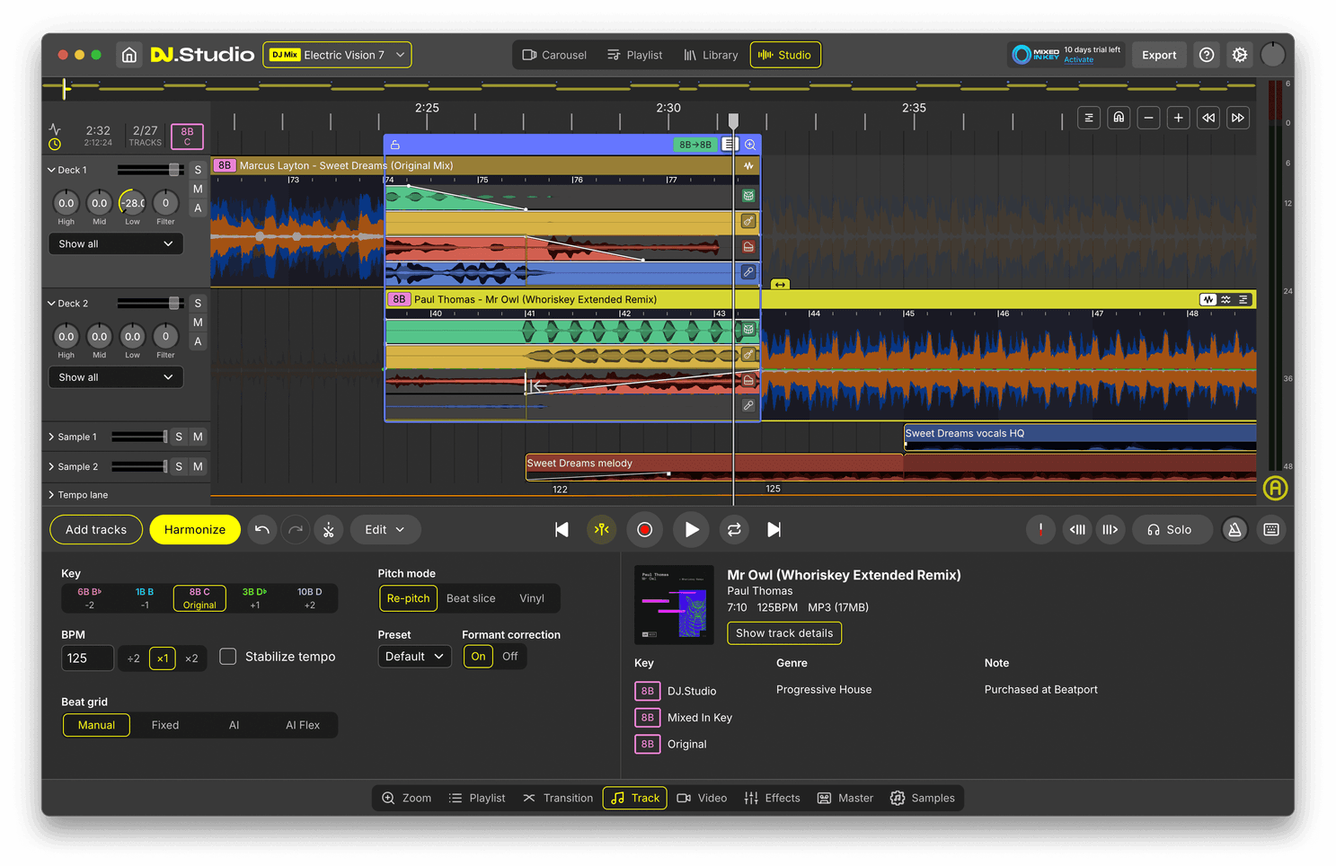 DJ.Studio Studio View showing a radio show timeline with two tracks, transition envelopes between them, and the track details panel with key, BPM and metadata.