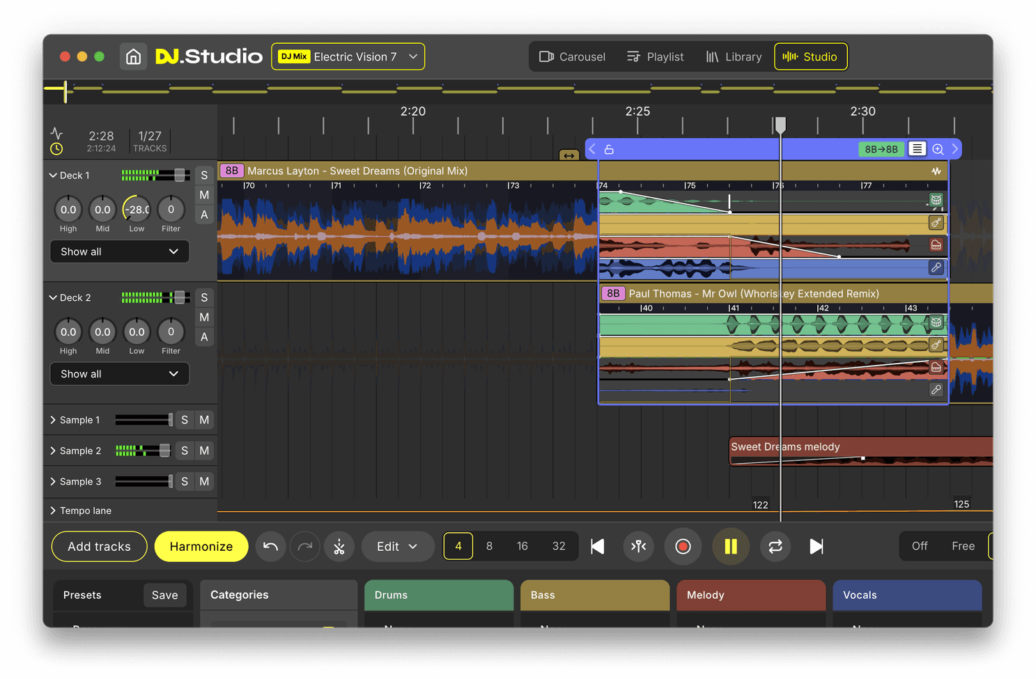 DJ.Studio Transition Editor showing crossfade timing, EQ and automation controls between two tracks.