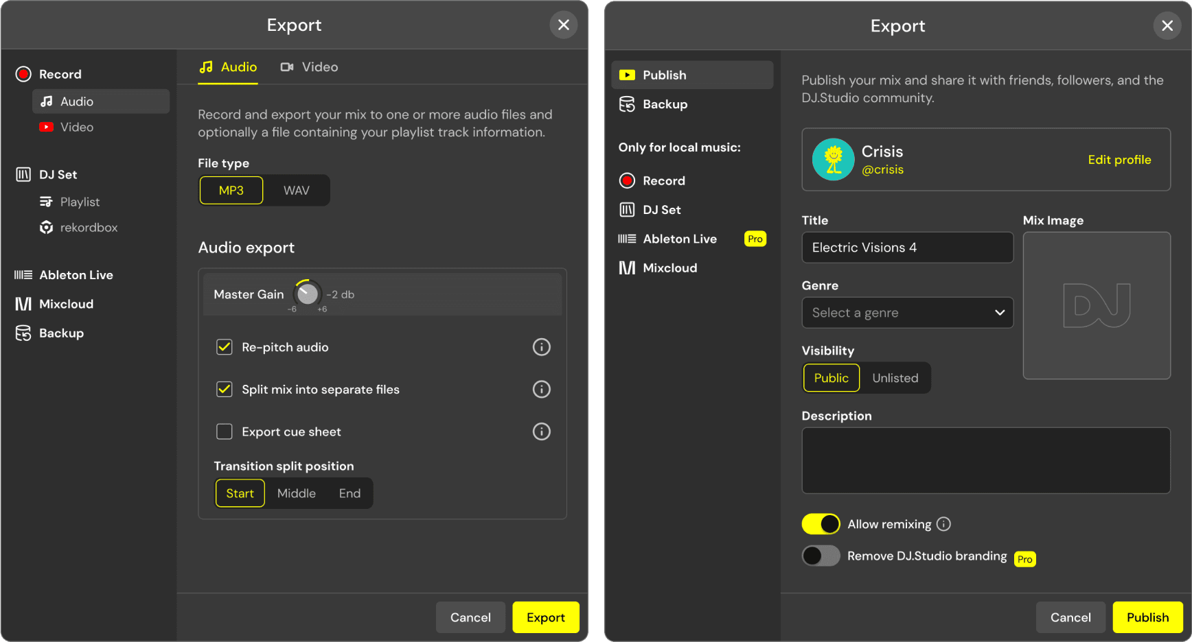 Export menu options