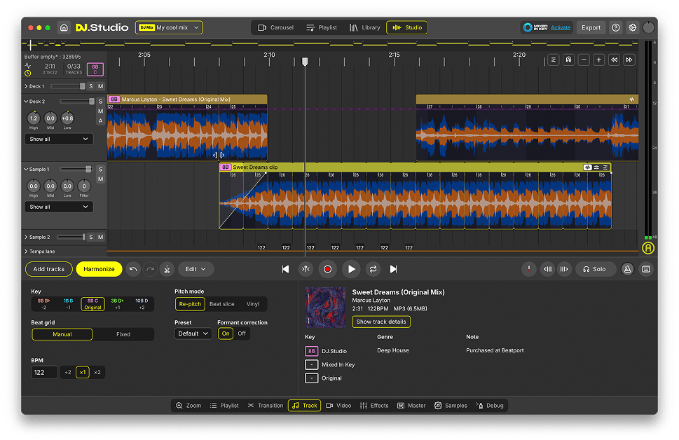 The DJ.Studio desktop app showing the timeline editor with waveforms, key and BPM detection